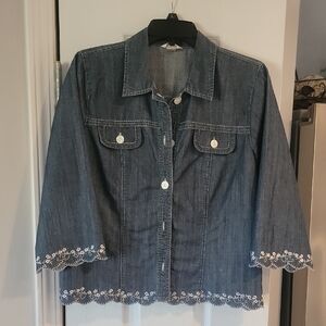 Embroidered Denim Jacket Chrisopher Banks. Large .  3/4 Sleeves. Ex Cond